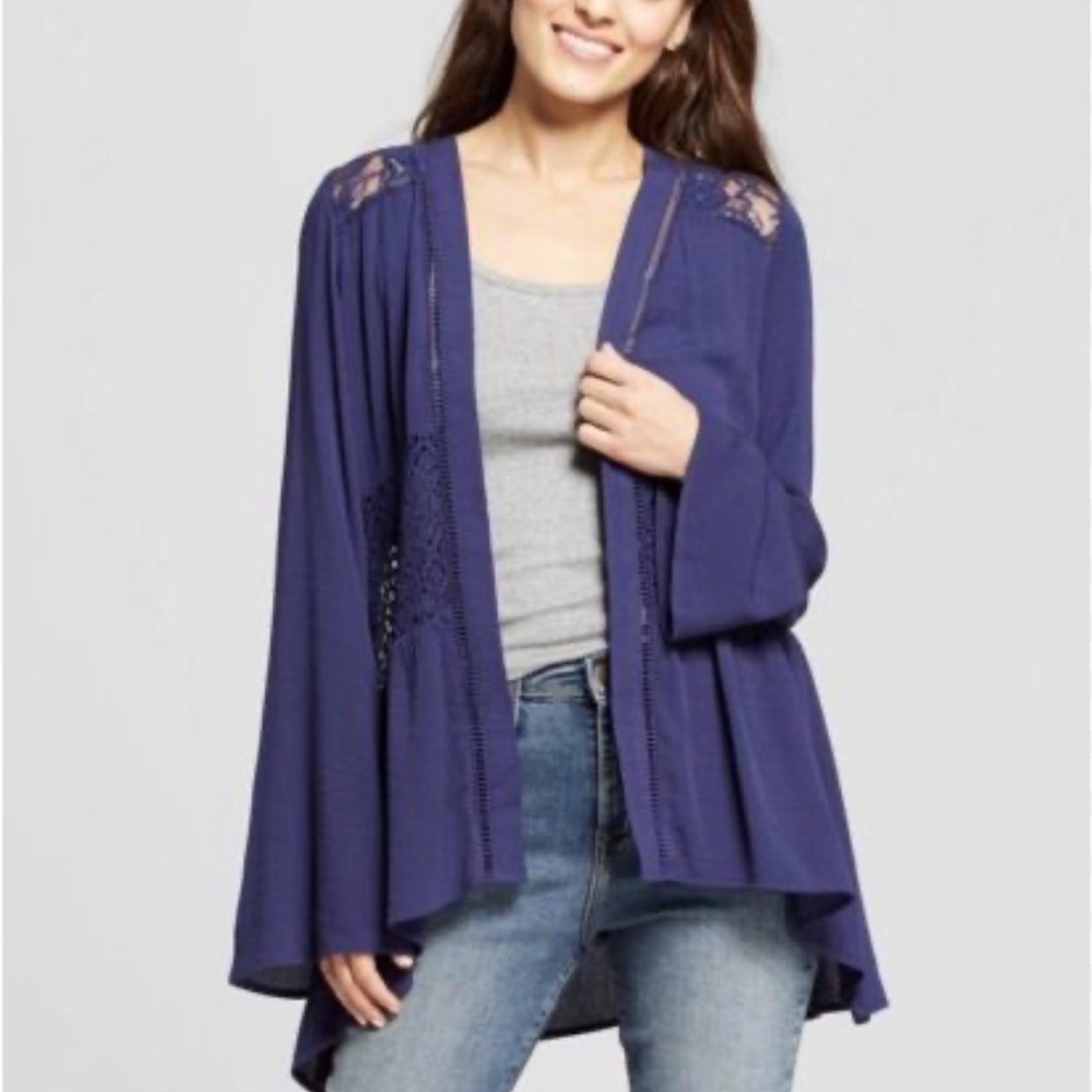 Knox Rose Navy Blue Lace Boho Open Front Kimono Cardigan Lightweight Size Small